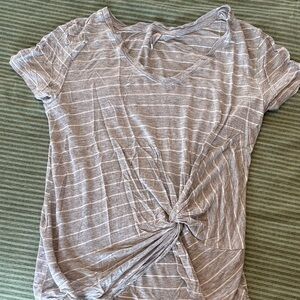 Z Supply Light Gray & White Striped Knot-Front V-Neck Tee